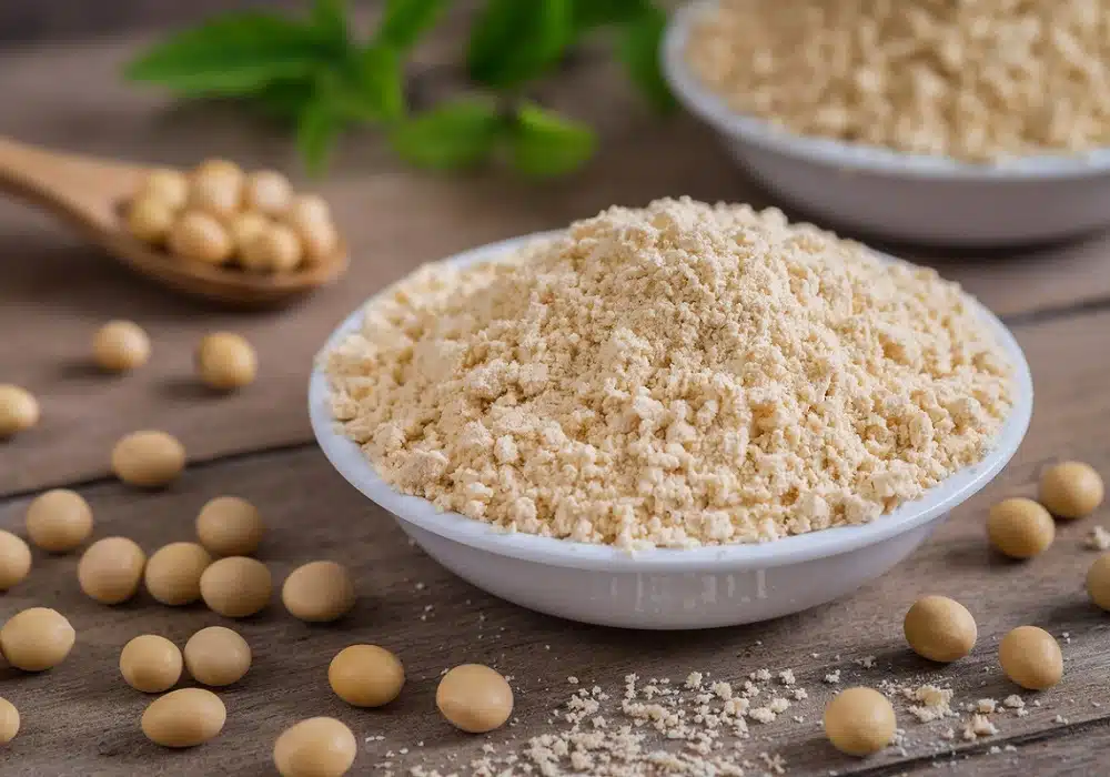 Soy flour in bowl and soybean